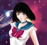  1girl alternate_color alternate_eye_color aqua_eyes bishoujo_senshi_sailor_moon black_hair bob_cut bow choker earrings heart highres jewelry lips lipstick looking_at_viewer makeup parted_lips red_lipstick sailor_saturn sleeveless solo space star tiara tomoe_hotaru tomtonytommy 