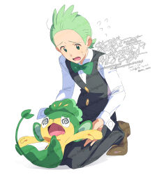  1boy black_pants bow bowtie brown_shoes buttons cilan_(pokemon) collared_shirt dated flying_sweatdrops full_body green_bow green_bowtie green_eyes green_hair highres long_sleeves male_focus open_mouth pansage pants pokemon pokemon_(creature) pokemon_bw serizawa_serizane shirt shoes short_hair simple_background sitting twitter_username watermark white_background white_shirt 