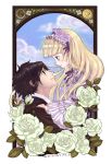  1boy 1girl art_nouveau artist_name blonde_hair brown_eyes brown_hair clouds dated dress earrings flower frame frilled_sleeves gosick green_eyes hairband hand_on_another&#039;s_shoulder highres hime_cut jewelry kujou_kazuya lolita_fashion lolita_hairband long_hair looking_at_another medallion petals profile purple_dress purple_rose rabbitshit rose short_hair side sky smile tears victorica_de_blois white_rose wide_sleeves 