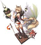  1girl [saw] absurdres animal_ears armlet armor bare_shoulders bell black_legwear blonde_hair bowtie bracelet cat cat_ears cat_tail claw_(weapon) floating flower full_body highres hood hood_down jewelry lantern long_hair looking_back low_ponytail open_mouth plant red_eyes ribbon sandals simple_background skirt skull sleeveless standing sword tail tassel thigh_strap thighhighs very_long_hair weapon white_background wooden_floor 