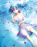  1girl aisusuki blue_eyes blue_hair dress flower hatsune_miku long_hair mouth_hold petals solo twintails vocaloid 