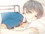  1boy blue_eyes free! grey_hair kanata_(anpan-ya) male mole nitori_aiichirou short_hair smile solo under_covers 