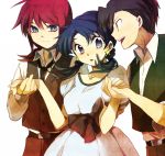  1girl 2boys alternate_costume belt black_hair blue_eyes blue_hair crystal_(pokemon) dress earrings gold_(pokemon) holding_hands jewelry long_hair lowres multiple_boys necklace necktie pokemon pokemon_special redhead short_hair silver_(pokemon) smile twintails vest yui_ko 