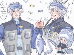  1boy animal animal_ear_headwear animal_ears bear bear_hat fish fishing_rod fur_hat hat heartopia highres holding holding_animal holding_fish iamperrstu3 male_focus polar_bear spoken_object thai_text vanya_(heartopia) 