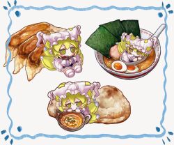  1girl animal_ear_headwear blue_tabard blush_stickers bowl character_doll chibi chibi_only closed_mouth colored_eyelashes commentary_request curry doll dot_mouth dress dumpling egg_(food) expressionless food food_focus food_request fox_girl fox_tail frilled_dress frills full_body fumo_(doll) hat hat_tassel kitsune multiple_tails multiple_views naan_bread noodles nori_(seaweed) own_hands_together ramen rusuban_(yakumora_n) short_hair sitting socks spoon sushi tabard tail touhou white_background white_dress white_hat white_socks yakumo_ran yellow_eyes 