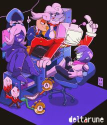  ant_tenna commentary crt deltarune elnina_(deltarune) english_commentary gloves highres kris_(dark_world)_(deltarune) kris_(deltarune) lancer_(deltarune) lanino_(deltarune) necktie object_head pants pippins_(deltarune) pointy_nose rouxls_kaard shio_tou shuttah_(deltarune) surprised tailcoat television utdr_(toby_fox) white_gloves yellow_necktie 