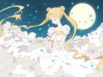  1girl bishoujo_senshi_sailor_moon blonde_hair bracelet camelot closed_eyes double_bun dress full_moon hands_on_own_chest hands_together jewelry long_hair moon petals princess_serenity solo tsukino_usagi twintails white_dress 