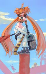  1girl absurdres ahoge animal_ears bare_shoulders bear_ears black_gloves boutsoftheblind breasts commentary crop_top english_commentary eyepatch fake_animal_ears fingerless_gloves gloves hair_between_eyes hair_ornament highres holding jumpsuit koleda_belobog long_hair looking_at_viewer loose_clothes midriff navel pants red_eyes red_hair solo sphere_hair_ornament tied_jumpsuit tied_sleeves twintails white_jumpsuit zenless_zone_zero 