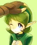 1girl blue_eyes fingerless_gloves gloves green_hair hairband inumura_(inu_noya) link lowres ocarina_of_time petting pointy_ears saria short_hair solo_focus the_legend_of_zelda wink 