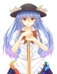  1girl blue_hair bow food fruit grin hand_on_hilt hand_rest hat highres hinanawi_tenshi layered_dress leaf long_hair looking_at_viewer peach puffy_short_sleeves puffy_sleeves red_eyes short_sleeves simple_background smile sword_of_hisou touhou white_background x&amp;x&amp;x 