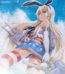  1girl blonde_hair elbow_gloves from_below gloves green_eyes kantai_collection long_hair mayo_riyo personification rensouhou-chan sailor_collar shimakaze_(kantai_collection) skirt solo striped striped_legwear thighhighs thong traditional_media underwear white_gloves 