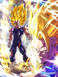  2boys aura battle_damage blood blood_from_forehead blood_from_mouth blue_bodysuit bodysuit boots boyerjorys close-up commentary dragon_ball dragon_ball_daima dragon_ball_z electricity english_commentary full_body gloves highres long_hair majin_vegeta male_focus multiple_boys muscular muscular_male no_eyebrows solo_focus son_goku spiky_hair super_saiyan super_saiyan_3 torn_bodysuit torn_clothes vegeta veins white_boots white_gloves 