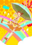  1girl aikatsu! arisugawa_otome blush brown_eyes brown_hair candy clearite double_bun looking_at_viewer open_mouth short_hair skirt smile solo sparkle umbrella v wink 