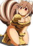  ahoge animal_costume animal_ears blazblue brown_hair gloves highres makoto_nanaya mirano red_eyes squirrel_ears tiger_print 