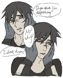  2boys afraid_of_monsters averting_eyes black_eyes black_hair black_shirt brotherhon56337 creator_connection cry_of_fear david_leatherhoff english_text furrowed_brow highres long_sleeves looking_at_viewer male_focus multiple_boys pov pov_hands shirt short_hair simon_henriksson 