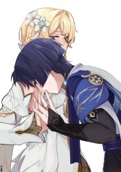  1boy 1girl armor armpit_crease artist_name belt black_belt black_bridal_gauntlets black_eyes blonde_hair blue_cape blue_gem blunt_ends blush braid bridal_gauntlets brown_eyes brown_sleeves cape closed_mouth couple detached_sleeves dress eyelashes eyeliner flower furisode gem genshin_impact glint gold_ring hair_flower hair_ornament half-closed_eyes half_up_half_down_braid hashtag-only_commentary head_down head_on_another's_shoulder hetero highres interlocked_fingers japanese_armor japanese_clothes kimono kote kurokote layered_sleeves looking_at_another looking_at_hand lumine_(as_heaven_and_earth_are_made_anew)_(genshin_impact) lumine_(genshin_impact) makeup middle_ring official_alternate_costume purple_hair purple_rope purple_sash red_eyeliner rope sash scaramouche_(genshin_impact) short_hair tsurime wanderer_(genshin_impact) white_background white_dress white_flower white_kimono white_sleeves white_trim zac-n 