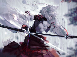  1girl adapted_costume animal_ear_fluff animal_ears armor black_bridal_gauntlets bridal_gauntlets budget_sarashi chest_sarashi closed_eyes closed_mouth commentary detached_sleeves dress highres holding holding_sheath holding_sword holding_weapon inubashiri_momiji japanese_armor katana leaf_print left-handed long_sleeves maple_leaf_print medium_hair pom_pom_(clothes) profile red_dress red_ribbon reverse_grip revision ribbon sarashi sheath shoulder_armor sode solo sword tail timitarcat touhou unsheathing weapon white_hair wide_sleeves wolf_ears wolf_tail 