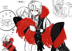  >_< 1boy 1girl absurdres blush_stickers carrying carrying_person closed_eyes closed_mouth coat commentary constricted_pupils don_quixote_(project_moon) dress_pants facing_another fur_shawl gloves greyscale halberd heads_together hetero highres holding holding_polearm holding_weapon jacket jitome la_manchaland_(identity)_(project_moon) layered_sleeves limbus_company long_hair long_sleeves looking_at_viewer monochrome nugii nuzzle polearm popped_collar project_moon red_eyes red_shawl sancho_(project_moon) shawl shoes sinclair_(project_moon) slouching speech_bubble spoken_object spot_color suit_jacket sweatdrop symbol-only_commentary tearing_up tears thai_text treasure_chest weapon white_background wide-eyed wrist_cuffs 