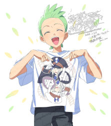 1boy :d ^_^ black_pants character_print character_request cilan_(pokemon) closed_eyes cowboy_shot dated facing_viewer green_hair highres male_focus open_mouth pants pokemon pokemon_(anime) pokemon_bw pokemon_bw_(anime) print_shirt serizawa_serizane shirt short_hair short_sleeves simple_background smile solo twitter_username watermark white_background white_shirt