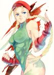  1girl agahari ahoge beret blonde_hair blue_eyes braid cammy_white capcom fingerless_gloves gloves hat leotard long_hair scar solo street_fighter twin_braids 