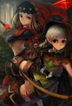  2girls belt blonde_hair blue_eyes boots bow_(weapon) braid breasts brown_eyes chain cloak code-aa creator_connection crossover dragon&#039;s_crown elf elf_(dragon&#039;s_crown) forest gloves highres hood long_hair midriff multiple_girls nature odin_sphere outdoors pointy_ears puffy_sleeves short_sleeves shorts silver_hair sleeveless star thigh-highs thigh_boots twin_braids velvet_(odin_sphere) weapon 