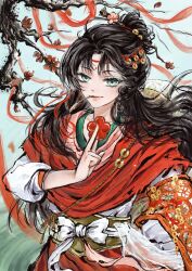  1girl absurdres black_hair blue_eyes branch chinese_clothes chinese_paper-cut facial_mark fengxu_(sanmeizhenhuo270) flower forehead_mark hair_branch hair_bun hand_up hanfu hat_on_back highres holding holding_paper long_hair looking_at_viewer mouth_hold paper paper_heron papercutting plum_blossoms red_flower red_hanfu red_ribbon reverse:1999 ribbon solo stalk_in_mouth upper_body weimao white_background white_sleeves 