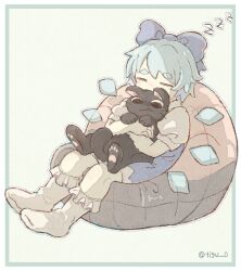  1girl animal animal_hug bean_bag_chair black_cat blue_background blue_bow blue_dress blue_hair border bow cat chigu cirno closed_eyes collared_shirt commentary_request detached_wings dress facing_viewer frilled_socks frills full_body green_background green_border hair_bow highres holding holding_animal ice ice_wings no_shoes outside_border pinafore_dress puffy_short_sleeves puffy_sleeves shirt short_hair short_sleeves sitting sleeping sleeveless sleeveless_dress socks thick_eyebrows touhou twitter_username white_border white_shirt white_socks wings zzz 