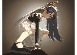  1girl apron arm_support arm_up black_dress black_hair black_shirt black_shoes blue_hair border bridal_gauntlets brown_eyes closed_mouth dress enmaided fingerless_gloves foreshortening frilled_apron frills full_body gloves greeen_891 hand_on_floor hand_on_ground highres holding holding_sword holding_weapon juliet_sleeves katana lilpa long_hair long_sleeves looking_at_viewer looking_to_the_side maid maid_apron maid_headdress mary_janes multicolored_hair orange_eyes outstretched_leg over_shoulder puffy_sleeves red_eyes shadow shirt shoes solo squatting sword virtual_youtuber waktaverse weapon weapon_over_shoulder white_apron white_border 