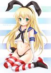  1girl black_panties blonde_hair blush character_name elbow_gloves gloves green_eyes hairband kantai_collection long_hair navel nikoo no_pants panties personification shimakaze_(kantai_collection) sitting solo striped striped_legwear thighhighs underwear wariza white_gloves 