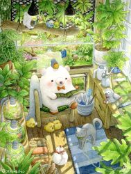  animal artist_name baby_animal bear bird blue_butterfly bucket bug butterfly cat ceiling chick chicken commentary_request fish_tank grey_cat hat highres leaf no_humans original plant polar_bear potted_plant st.kuma top_hat watering_can 