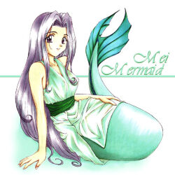  1girl bare_arms brown_eyes character_name closed_mouth curtained_hair dress full_body green_sash hayami_mei_(yuuki_shino) long_hair mermaid monster_girl original purple_hair sash sitting sleeveless sleeveless_dress smile solo very_long_hair white_background white_dress yuuki_shino 