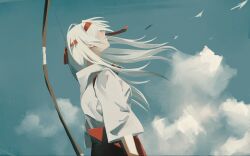  1girl blue_sky bow_(weapon) closed_mouth clouds commentary_request day from_side hair_over_eyes hakama headband highres japanese_clothes kantai_collection kimono long_hair looking_up outdoors profile red_hakama red_headband shoukaku_(kancolle) sky solo tasuki weapon white_hair white_kimono wind yukari_(yuyuyukari_20) 