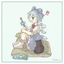  ! !! 1girl black_cat blue_bow blue_dress blue_eyes blue_hair border bow cat chigu cirno commentary_request detached_wings dress food frog green_background green_border hair_bow highres holding holding_food holding_popsicle ice ice_wings open_mouth pinafore_dress popsicle puffy_short_sleeves puffy_sleeves short_sleeves sitting sleeveless sleeveless_dress socks solo touhou translation_request twitter_username white_socks wings 