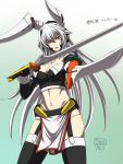  1girl animal_ears breasts carrot cleavage dual_wielding highres large_breasts long_hair looking_at_viewer navel original panties rabbit_ears red_eyes silver_hair solo sorono_wa_soro sword thighhighs underwear weapon white_panties 