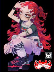  1girl 9_ron23 \n/ arm_tattoo arm_up belt belt_charm bike_shorts black_background black_belt black_nails black_shirt black_shoes bracelet charm_(object) closed_mouth collarbone colored_eyelashes cropped_shirt ear_piercing earclip english_commentary english_text facial_mark full_body gauze_on_knee gem-studded_nails hair_ornament hairclip highres jewelry long_hair looking_at_viewer nail_polish original parallel_hairclips parted_bangs piercing platform_shoes print_shirt punk red_hair shirt shoes simple_background skirt socks solo spiked_legwear squatting tattoo triangle triangle_facial_mark two_side_up watch white_socks yellow_eyes 