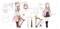  1girl absurdres black_socks blonde_hair blush boots brown_boots brown_shoes closed_eyes dress dual_persona flower hair_bun hair_flower hair_ornament harp highres instrument kurusu_alexandra long_dress long_hair magia_record:_mahou_shoujo_madoka_magica_gaiden magical_girl mahou_shoujo_madoka_magica non-web_source official_art open_mouth pink_dress pink_eyes pink_sweater reference_sheet school_uniform self-scan shirt shoes sidelocks skirt smile socks soul_gem sweater swept_bangs white_background 