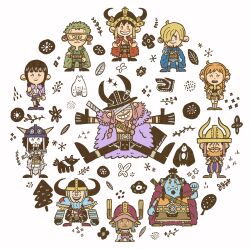  2girls 6+boys absurdres animal antlers bandages bandages_over_eyes black_gloves black_hair blonde_hair blue_skin blunt_bangs braid brook_(one_piece) cape chibi colored_skin commentary earrings facial_hair fake_beard fake_facial_hair fake_horns franky_(one_piece) fur_cape gloves goatee goggles green_hair hair_over_one_eye half_updo helmet highres horned_helmet horns jewelry jinbe_(one_piece) loki_(one_piece) looking_at_viewer monkey_d._luffy multiple_boys multiple_girls nami_(one_piece) nico_robin one_piece orange_hair outstretched_arms pink_hair reindeer_antlers roronoa_zoro sanji_(one_piece) scar scar_on_face short_hair simple_background sk_one_piece skeleton smile snake straw_hat_pirates tony_tony_chopper usopp white_background 