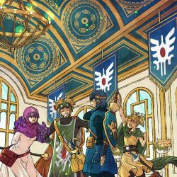  2boys 2girls arm_up bag belt black_bodysuit blonde_hair blue_hat blue_tunic bodysuit brother_and_sister cape closed_eyes commentary_request cousins curly_hair dragon_quest dragon_quest_ii dress feet_out_of_frame goggles goggles_on_headwear green_cape green_tabard grin hat high_ponytail highres indoors long_hair looking_at_another multiple_boys multiple_girls orange_cape ponytail prince_of_lorasia prince_of_samantoria princess_of_moonbrook princess_of_samantoria purple_hair purple_hood robe sheath sheathed shield shield_on_back short_hair shoulder_bag siblings smile spiky_hair sword sword_on_back tabard toriga tunic weapon weapon_on_back white_robe window yellow_dress 