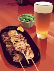  alcohol beer bottle commentary cup drinking_glass edamame english_commentary food food_focus highres meat nabatame_kazutaka no_humans original skewer still_life table 