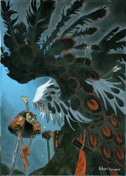 armor arrow_(projectile) arrow_in_body black_kimono black_wings cane claws commentary_request cover cover_page faux_traditional_media feathered_wings feathers furry gradient_background helmet highres hikari_toriumi holding holding_cane japanese_armor japanese_clothes kabuto_(helmet) kimono red_feathers scabbard sheath signature solo sword teardrop tears the_scroll_of_kiichi weapon white_hair wings 