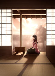  1girl absurdres asukake_project black_hair board_game commentary_request from_side go_(board_game) heaven_burns_red highres long_hair nikaidou_misato scenery shouji sliding_doors tatami 