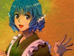  1girl :d blue_hair gojira_(coo) gradient gradient_background grey_eyes head_fins looking_at_viewer multicolored_background open_mouth short_hair smile solo touhou wakasagihime 