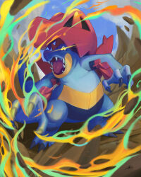  absurdres blue_sky claws commentary_request day debris fayth2412 feraligatr full_body highres hood mega_feraligatr mega_pokemon no_humans open_mouth outdoors pokemon pokemon_(creature) pokemon_focus rock sharp_teeth signature sky solo spines teeth tongue yellow_eyes 