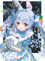  1girl animal_ear_fluff animal_ears apron blue_dress blue_hair commentary_request dress highres hololive hololive_fantasy_1st_anniversary_outfit hugging_object long_hair maid maid_apron multicolored_hair official_alternate_costume orange_eyes pillow pillow_hug rabbit-shaped_pupils rabbit_ears rabbit_girl remynoue smile solo symbol-shaped_pupils two-tone_hair usada_pekora very_long_hair virtual_youtuber white_apron white_hair 