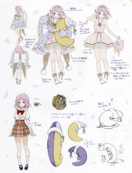  1girl absurdres blush bow braid closed_mouth crescent_moon dress dual_persona frills hair_ornament hairband hat high_heels highres holding holding_stuffed_toy incredibly_absurdres jewelry long_sleeves looking_at_viewer magia_record:_mahou_shoujo_madoka_magica_gaiden magical_girl mahou_shoujo_madoka_magica moon nightcap nightgown non-web_source official_art pillow pink_dress pink_hair plaid_clothes plaid_skirt red_bow reference_sheet rubbing_eyes scan school_uniform self-scan short_hair short_sleeves skirt slippers smile solo soul_gem star_(symbol) stuffed_toy violet_eyes yura_hotaru 