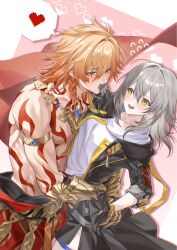  1boy 1girl arm_tattoo armlet belt_buckle black_gloves braid buckle commentary commission covering_another's_mouth english_commentary gloves grey_hair heart hetero highres honkai:_star_rail honkai_(series) imminent_kiss jacket jewelry mydei_(honkai:_star_rail) necklace shirt speech_bubble stelle_(honkai:_star_rail) sweet_j tattoo thigh_strap trailblazer_(honkai:_star_rail) white_shirt yellow_eyes 