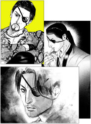  3boys beard cigarette commentary_request curtained_hair eyepatch facial_hair goatee highres jewelry lighter long_hair majima_goro male_focus multiple_boys necklace one-eyed ponytail ryuu_ga_gotoku_(series) ryuu_ga_gotoku_0 ryuu_ga_gotoku_1 smoking snake_print snakeskin tyag53 
