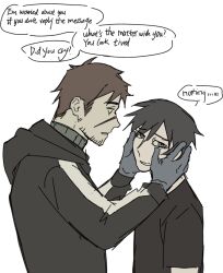  2boys afraid_of_monsters averting_eyes bag beard_stubble black_gloves black_hair black_hoodie black_shirt brotherhon56337 brown_hair creator_connection cry_of_fear david_leatherhoff english_text facial_hair fingerless_gloves gloves grey_gloves hand_on_another's_face head_tilt highres hood hood_down hoodie looking_at_viewer male_focus multiple_boys scar scar_on_face shirt short_hair shoulder_bag simon_henriksson stubble turtleneck 