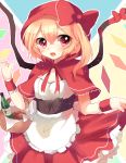  1girl basket blonde_hair bottle bread cosplay crystal dress fang flandre_scarlet food hair_ribbon hood little_red_riding_hood_(cosplay) little_red_riding_hood_(grimm) open_mouth paragasu_(parags112) red_eyes ribbon short_hair side_ponytail smile solo touhou whine wings 