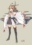  1girl ahoge boots brown_hair detached_sleeves hairband japanese_clothes kantai_collection kongou_(kantai_collection) long_hair looking_at_viewer open_mouth personification seo_tatsuya skirt smile solo thigh-highs wide_sleeves 